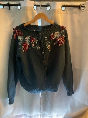 Embroidered Blue Green Button-Front Pom-Pom Cardigan